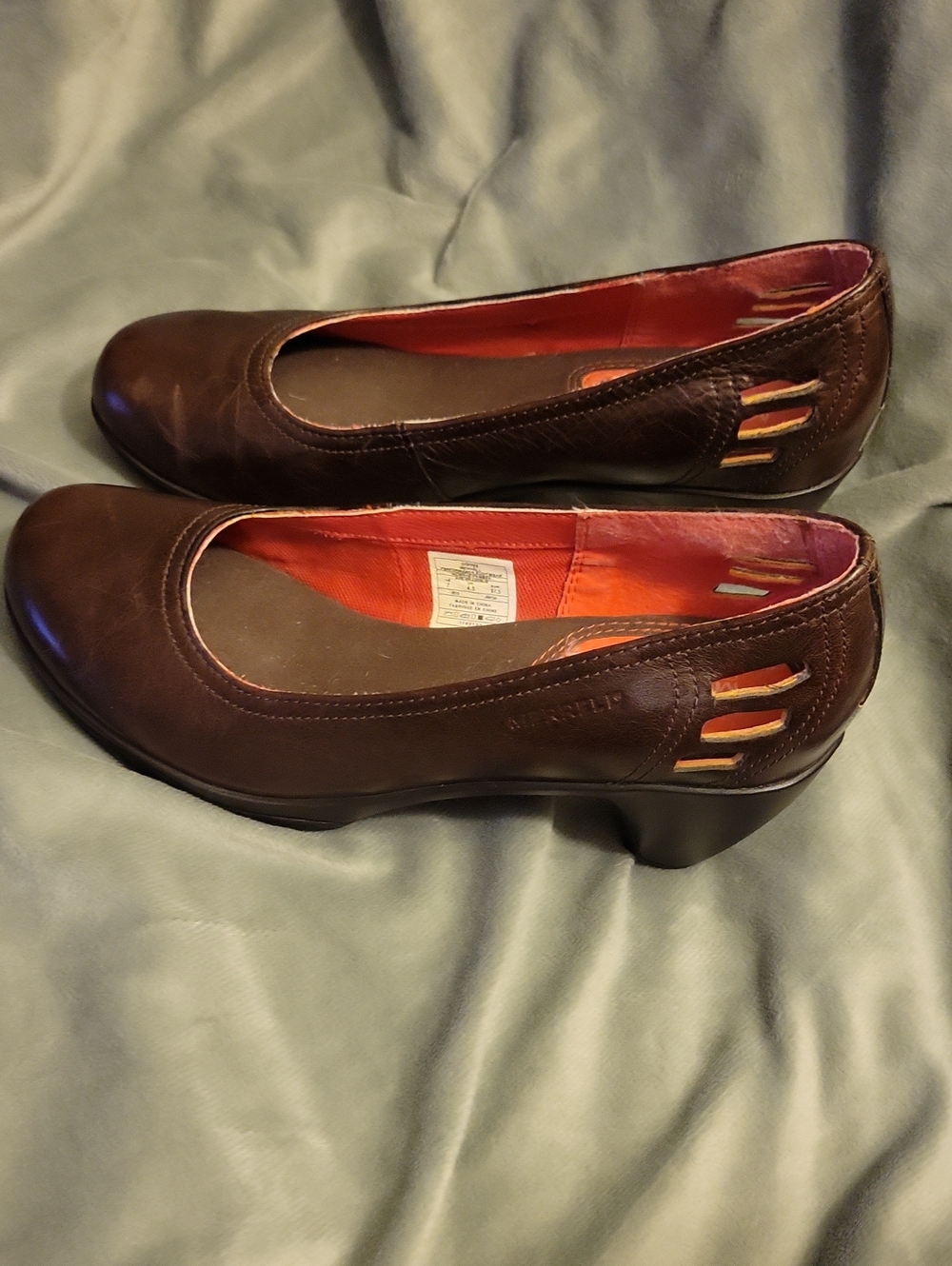 Merrell Dark Brown Leather Wedge Pumps with Red Lining